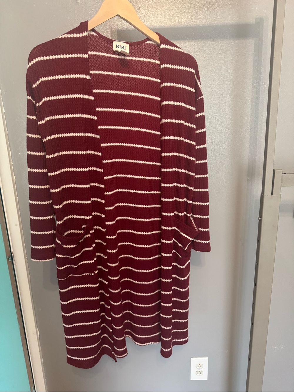 BiBi Burgundy and White Striped Open-Front Long Cardigan